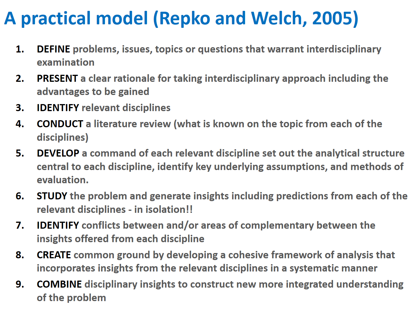 Repko, A., and Welch, J. (2005) Interdisciplinary practice : a student guide to research and writing. Boston: Pearson.